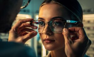 Illustration von einem Optiker, der erklärt, warum Brillen alle zwei Jahre neu eingestellt werden sollten