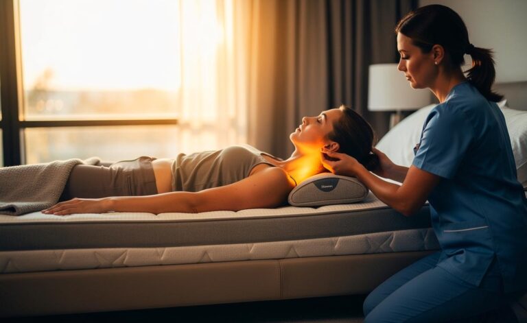 Illustration von einem Physiotherapeuten, der die richtige Matratzenhärte zur Vorbeugung von Nackenschmerzen erklärt