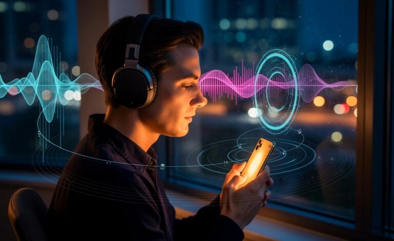 Illustration von einem Smartphone, das bei Nacht mit adaptiven Codecs, Psychoakustik und ANC die Klangqualität von Kopfhörern verbessert