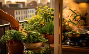 Illustration von [frisch geerntetem Topfgemüse im Balkonkasten, Schere und Schüssel griffbereit, vor einem heißen Wok für den schnellen Weg vom Topf in die Küche]