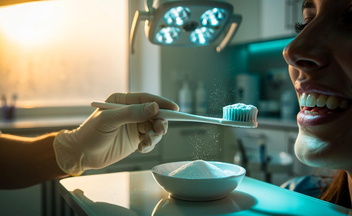 Illustration von einem Zahnarzt, der Natron als das geheime Mittel zu sichtbar weißeren Zähnen empfiehlt