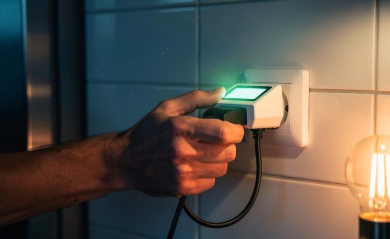 Illustration von einem Energiekostenmessgerät als Zwischenstecker, das den Stromverbrauch eines Haushaltsgeräts erfasst und Einsparpotenziale sichtbar macht