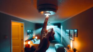 Illustration von [einem halbjährlichen Rauchmeldertest in einer Wohnung, eine Hand drückt den Testknopf an einem Deckenrauchmelder]