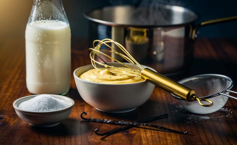Illustration von einer samtigen, klümpchenfreien Vanillecreme aus nur drei Zutaten – Milch, Vanillezucker und Speisestärke – mit Schneebesen und feinem Sieb