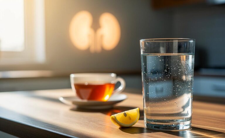 Illustration von einem Glas Wasser im Vordergrund neben einer Teetasse im Hintergrund mit stilisiertem Nierensymbol zur Hervorhebung des Vorteils für die Nieren