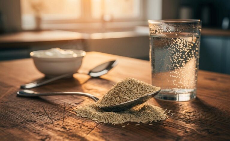 Illustration von einem Esslöffel Flohsamenschalen neben einem Glas Wasser – tägliche präbiotische Unterstützung der Darmgesundheit, wirksamer als Joghurt