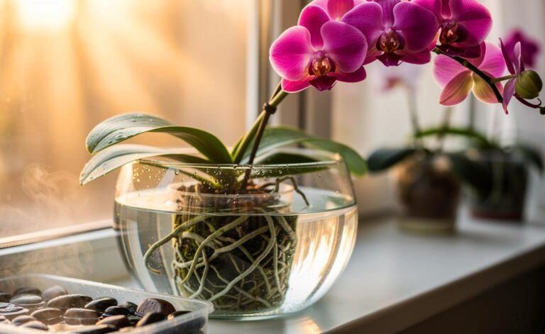 Illustration von einer Phalaenopsis-Orchidee im warmen Tauchbad mit abtropfenden Luftwurzeln für längere und prächtigere Blüte