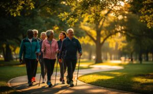 Illustration von Seniorinnen und Senioren ab 60 beim täglichen Spaziergang zur Förderung der mentalen Fitness, empfohlen von Psychologen
