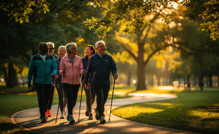 Illustration von Seniorinnen und Senioren ab 60 beim täglichen Spaziergang zur Förderung der mentalen Fitness, empfohlen von Psychologen