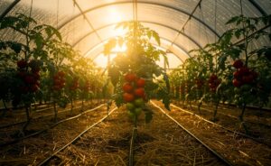 Illustration von [Tomatenpflanzen unter Regenschutz mit Tropfbewässerung und Strohmulch; natürliche Vorbeugung gegen Fäulnis und gesteigerte Ernte]