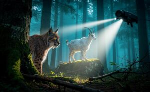 Illustration von drei Schlüsselstreitpupillen – Räuber, Beute und Maschine – im Nebel, die durch Schutzfarbe und Streuphysik um Sicht- und Tarnvorteile konkurrieren