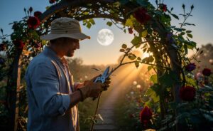 Illustration von einem Gärtner beim Schnitt eines Pflanzenbogens am Mondknoten