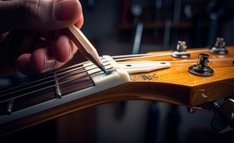 Illustration von [Einreiben von Graphit aus einem Bleistift in Sattelkerben einer Gitarre zur Reibungsreduzierung und für strahlenden Klang]