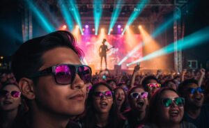 Illustration von Konzertpublikum mit Brillen im Scheinwerferlicht eines gemeinsamen Musikkonzerts