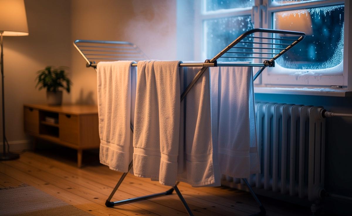 Illustration von feuchten Handtüchern auf einem Wäscheständer vor einem Heizkörper, die im Winter die Raumluft durch Verdunstung befeuchten