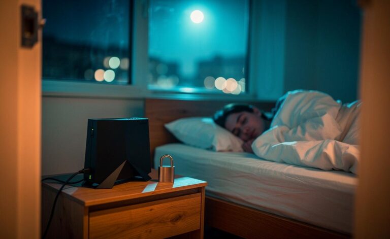 Illustration von [einem nachts ausgeschalteten WLAN‑Router im Schlafzimmer zur Erhöhung der Netzwerksicherheit und Verbesserung der Schlafqualität]