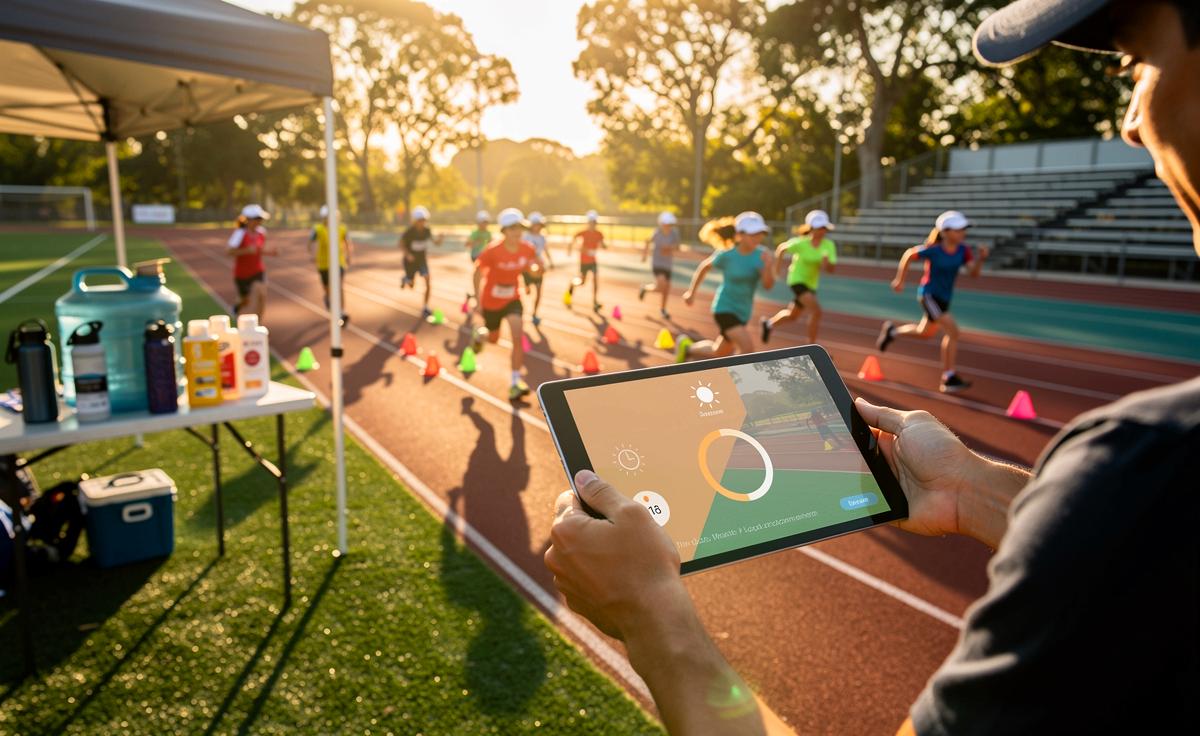 Illustration von einem Tablet auf dem Sportplatz im Freien, das im Sportunterricht Sonnenblendung reduziert, UV-Index und Schattenfenster anzeigt und Organisation sowie Sicherheit unterstützt