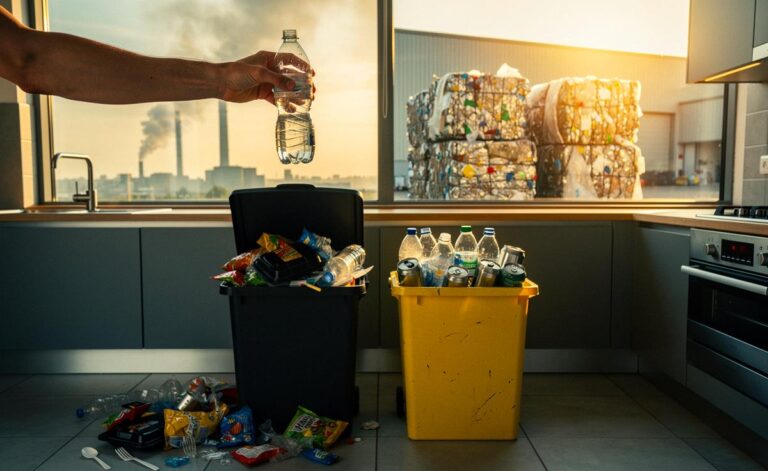 Illustration von fehlendem Recycling, steigendem Plastikmüll und konkreten Haushaltsschritten für eine funktionierende Kreislaufwirtschaft
