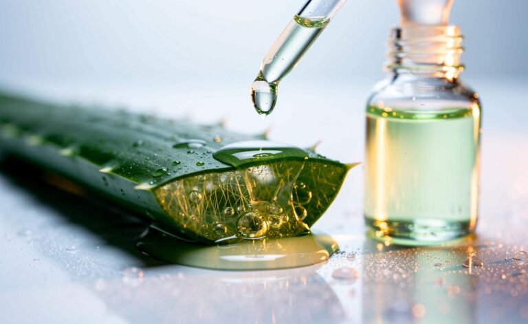 Illustration von Aloe‑Vera‑Gel in kosmetischen Produkten und seiner bewährten Wirksamkeit
