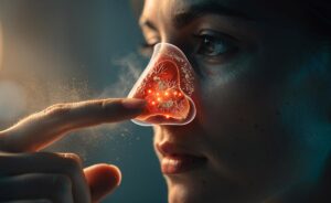 Illustration von [Brenngefühl in der Nase nach dem zweiten Entfernen eines Popels; Darstellung der Nasenschleimhaut, trockener Krusten und aktivierter Schmerzrezeptoren]