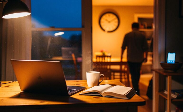 Illustration von einem ausgeschalteten Laptop auf dem Schreibtisch bei Abenddämmerung, eine Wanduhr zeigt 18:00, daneben Buch und Teetasse für Offline-Zeit