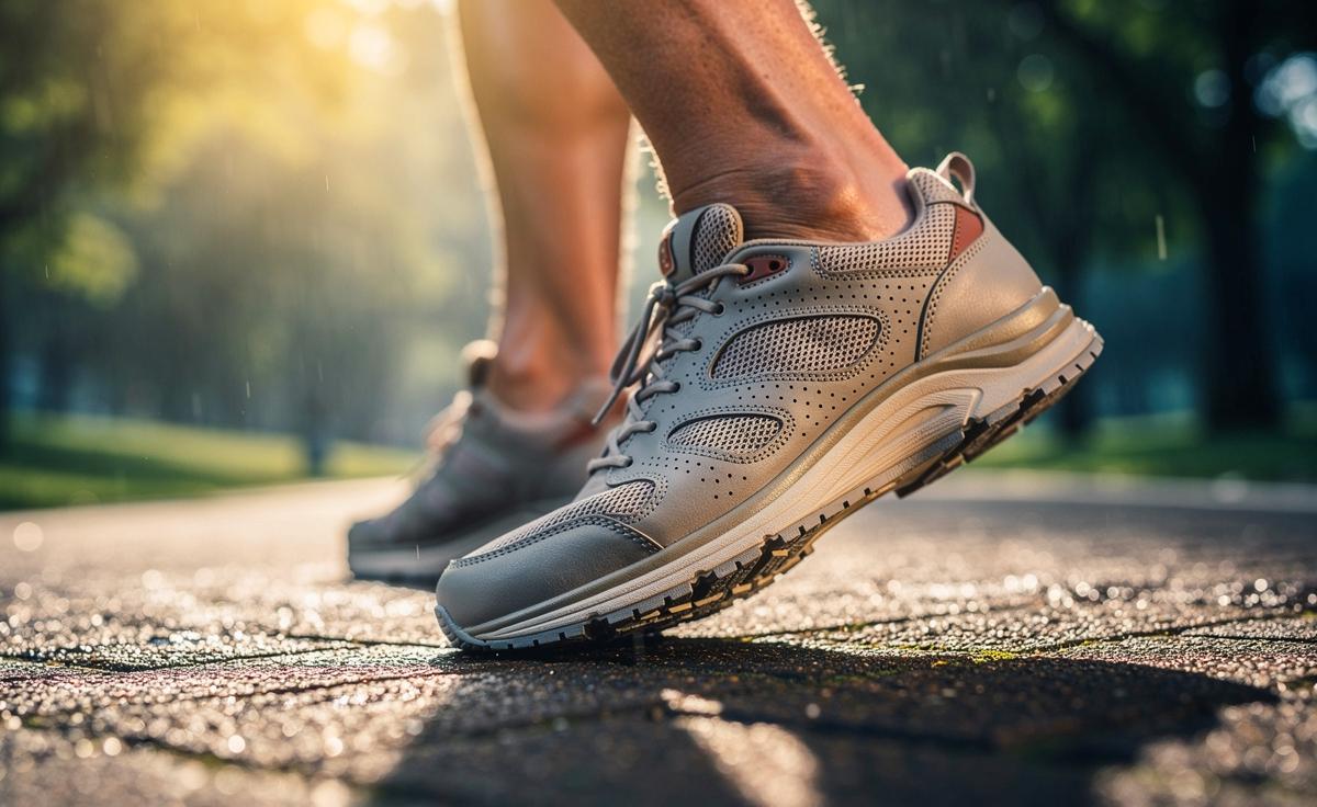 Illustration von bequemen Seniorenschuhen mit breiter Zehenbox, fester Fersenkappe und moderater Dämpfung
