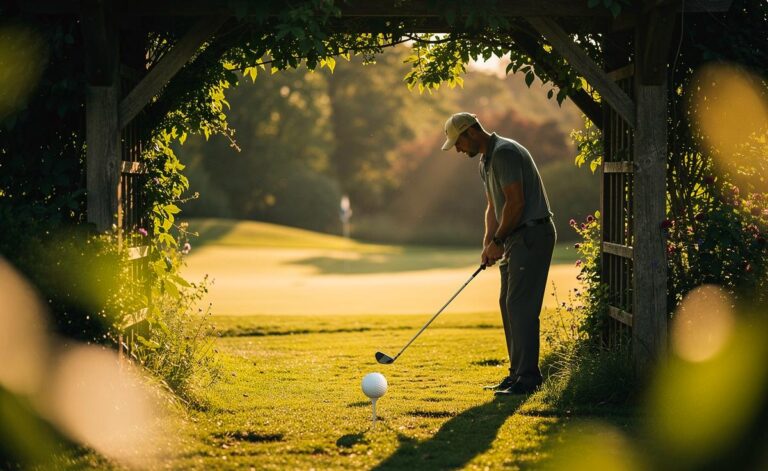 Illustration von einem Golfspieler unter Gartenlaub, der mit präzisem Selbstgespräch verbale Eigenkraft bündelt und so den Schwung fokussiert