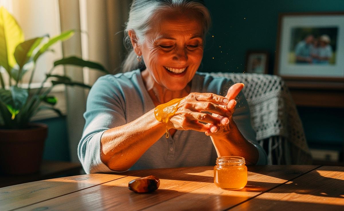 Illustration von Bernstein-Gel in den Händen einer Seniorin während eines kurzen Pflegerituals, warmes Licht, Symbol für mehr Lebensvielfalt ab 70