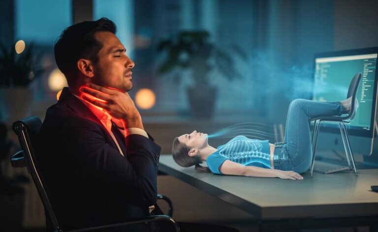 Illustration von stressbedingten Verspannungen im Nacken- und Schulterbereich sowie einfachen Übungen wie verlängerter Ausatmung, Wandgleiten und 90/90-Atmung