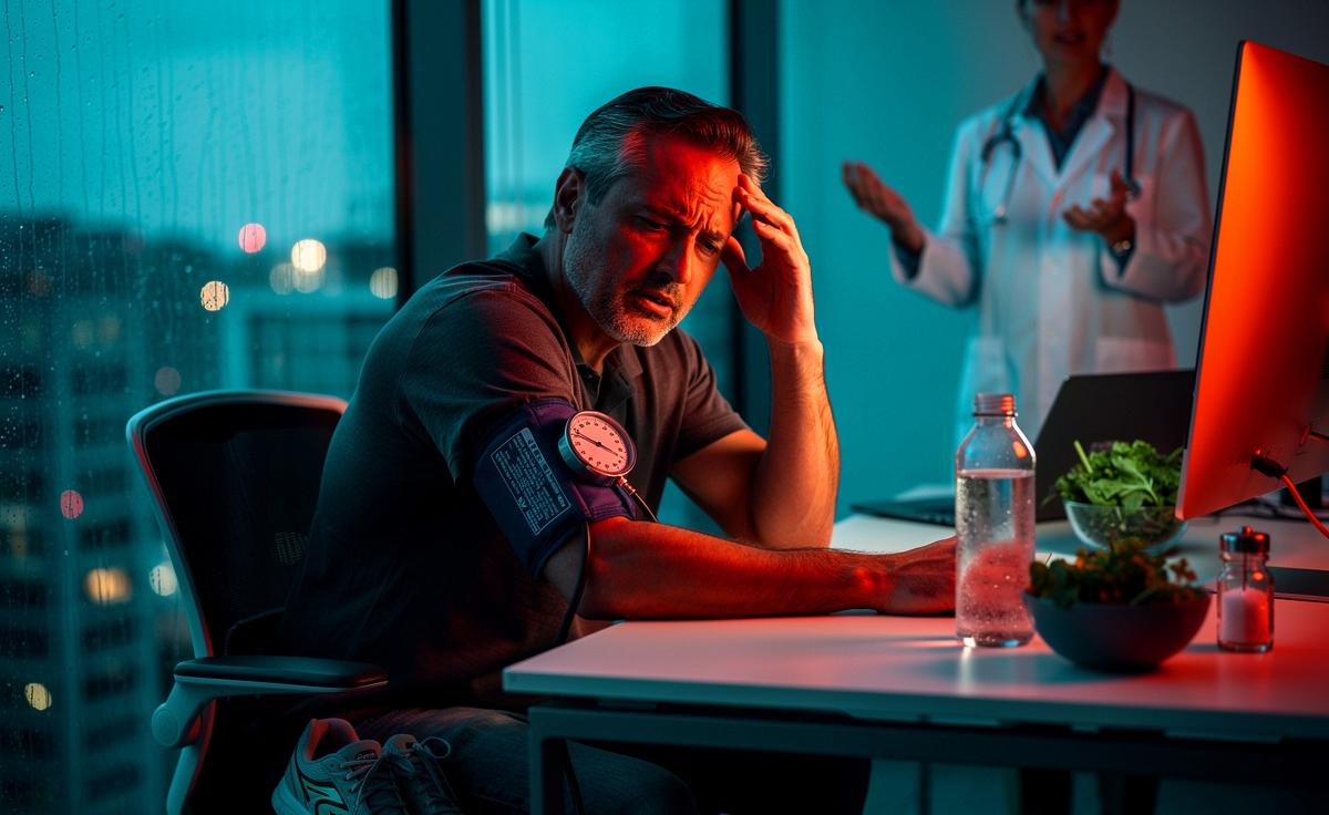 Illustration von häufigem Stress, der Bluthochdruck verursacht, und ärztlichen Empfehlungen zur Senkung