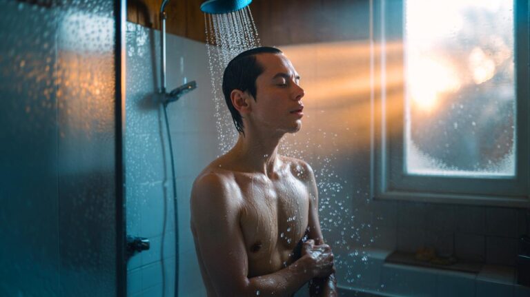 Illustration von einer Person unter einer kalten Dusche zur Stärkung der Abwehrkräfte in der Erkältungszeit, empfohlen von Expertinnen und Experten
