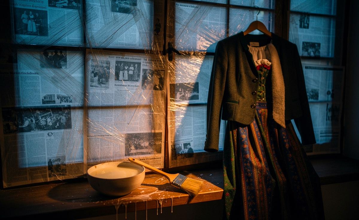 Illustration von mit Kartoffelstärke laminiertem Zeitungspapier am Fenster als tragfähigem Schutz für angelehnte Trachten