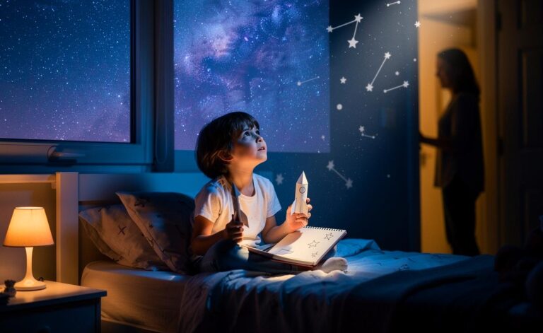 Illustration von [Kindern ab fünf Jahren, die beim Blick in den Sternenhimmel Gefühle und Geschichten projizieren – ein nächtliches Ritual zwischen Sicherheit und Neugier]