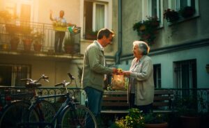 Illustration von nachbarschaftlicher Kommunikation, die älteren Menschen mehr Lebensfreude schenkt
