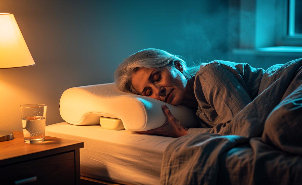 Illustration von einer älteren Person, die mit einem Nackenkissen entspannt schläft und Nackenverspannungen vorbeugt