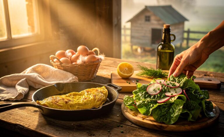 Illustration von einem Omelett mit frischem Kopfsalat aus lokaler Erzeugung als dorfbewusster Start in den Tag