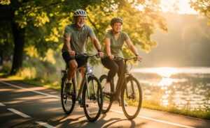 Illustration von Menschen ab 50 beim Radfahren zur Förderung der Herzgesundheit und zur Verbesserung der Mobilität