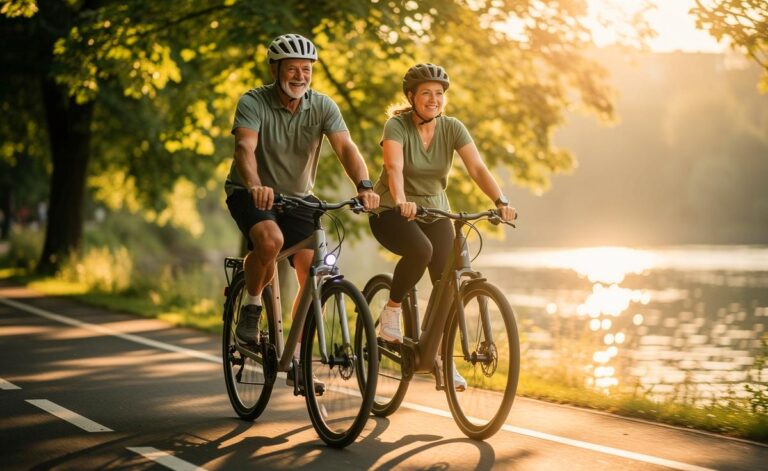Illustration von Menschen ab 50 beim Radfahren zur Förderung der Herzgesundheit und zur Verbesserung der Mobilität