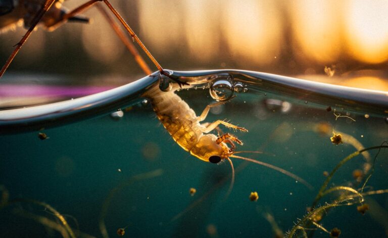 Illustration von Mikroorganismen und Insektenlarven bei der mühsamen Fortbewegung im Wasser unter dem Einfluss von Viskosität und Oberflächenspannung