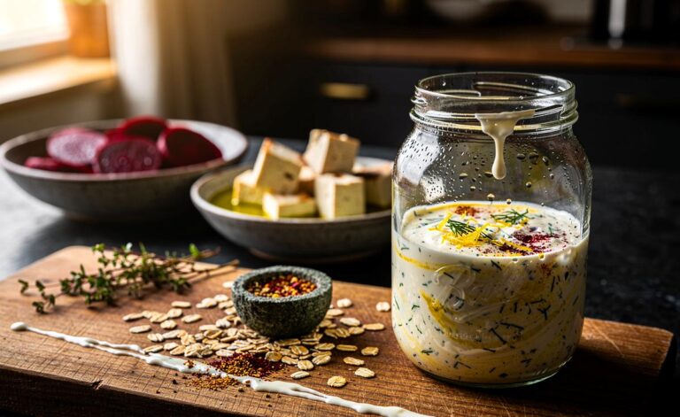 Illustration von subtil gewürztem Haferflocken-Joghurt als Basis für ziehendes Geschirr