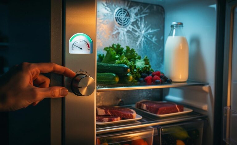 Illustration von einem Kühlschrank mit Drehregler auf Stufe 3, einem Thermometer bei 4 °C und frischen Lebensmitteln als Kontrast zu Stufe 5, die zu kalte Zonen und höheren Stromverbrauch verursacht