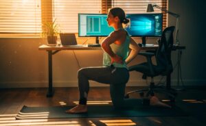 Illustration von Rückenschmerzen durch langes Sitzen und der Hüftbeuger-Dehnung im Halbkniestand