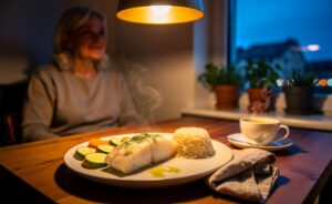 Illustration von einer leichten Abendmahlzeit für Menschen ab 50 Jahren mit gedünstetem Fisch, weich gegartem Gemüse, kleiner Portion Reis und Kräutertee, serviert 2–3 Stunden vor dem Schlaf zur Entlastung der Verdauung