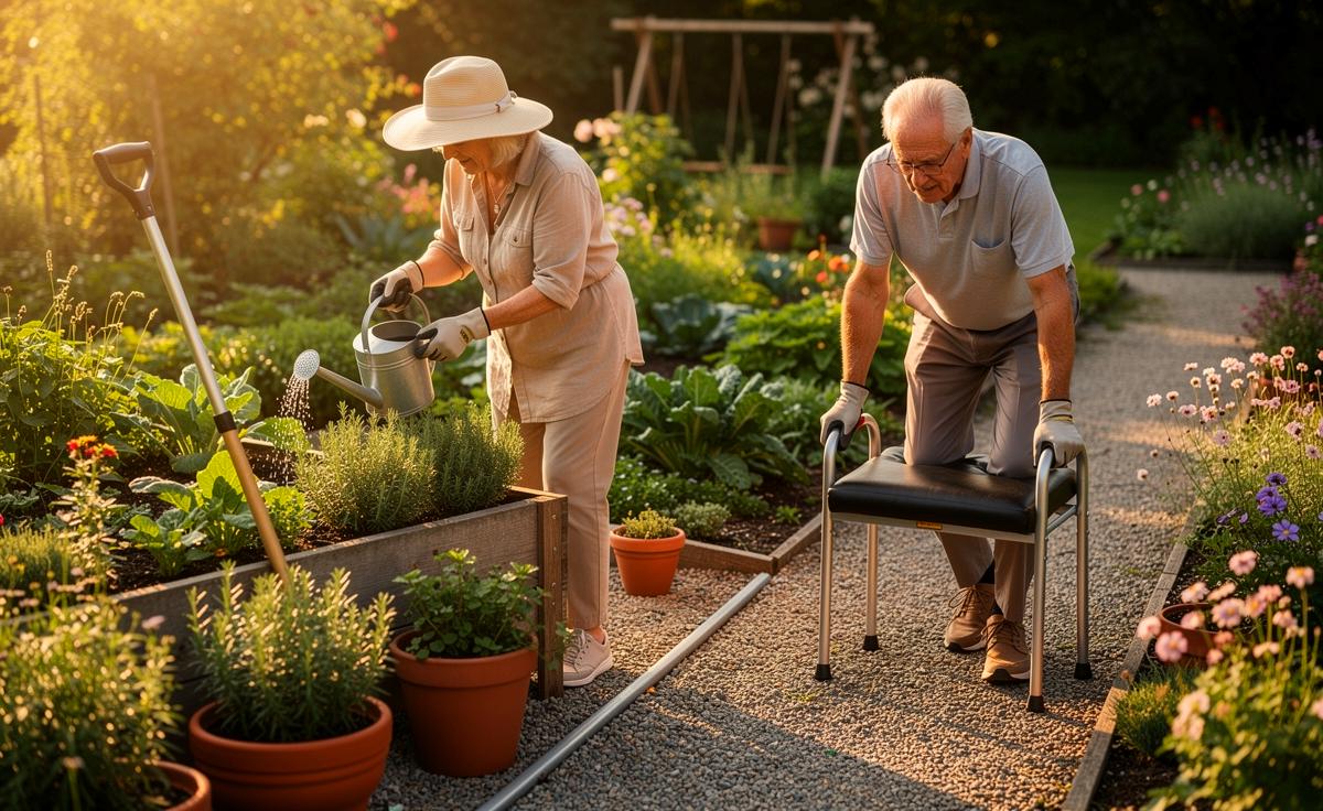 Illustration von Seniorinnen und Senioren ab 70, die gelenkschonend im Garten arbeiten – mit Hochbeeten, sicheren Wegen und leichten Werkzeugen – zur Förderung ihrer Mobilität