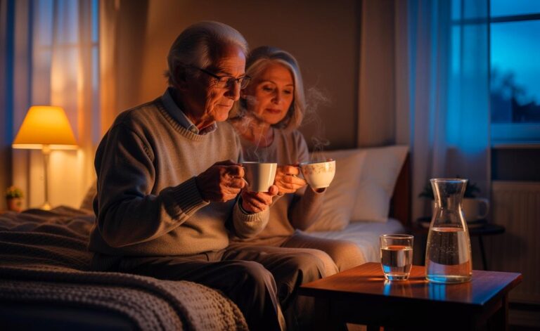 Illustration von Seniorinnen und Senioren, die abends Kräutertee oder stilles Wasser trinken, um erholt und erfrischt aufzuwachen