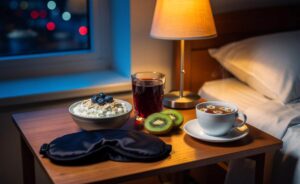 Illustration von einem schlaffördernden Abendsnack mit Kasein, Haferflocken, Kiwifrucht und Sauerkirschsaft auf dem Nachttisch