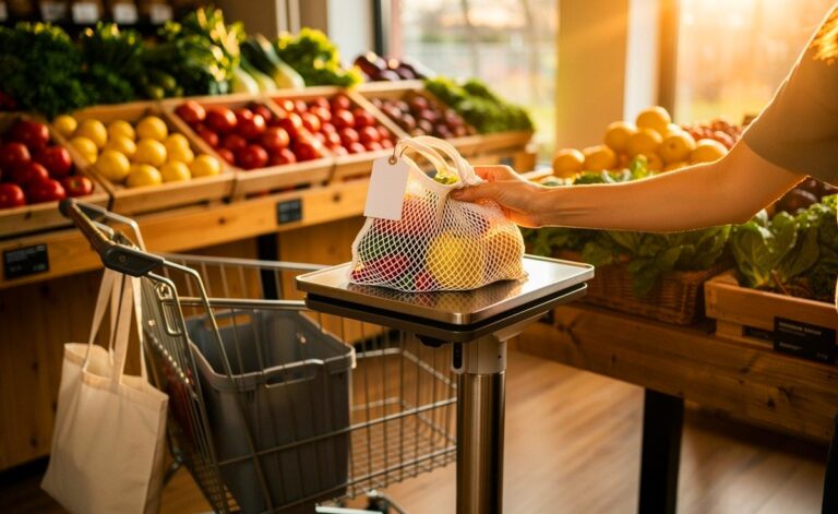 Illustration von leichtgewichtigen Mehrwegtaschen beim Unverpackt-Einkauf mit Tara-Etikett an der Obst- und Gemüsewaage