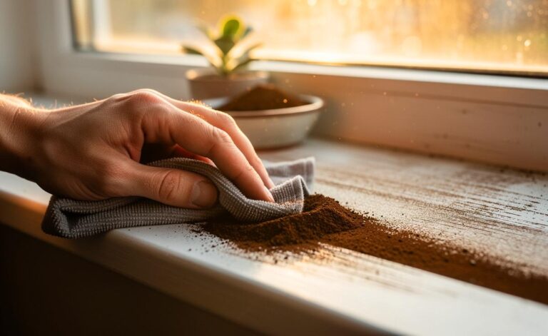 Illustration von Kaffeesatz, der unbemerkt eine verschmutzte Fensterbank reinigt