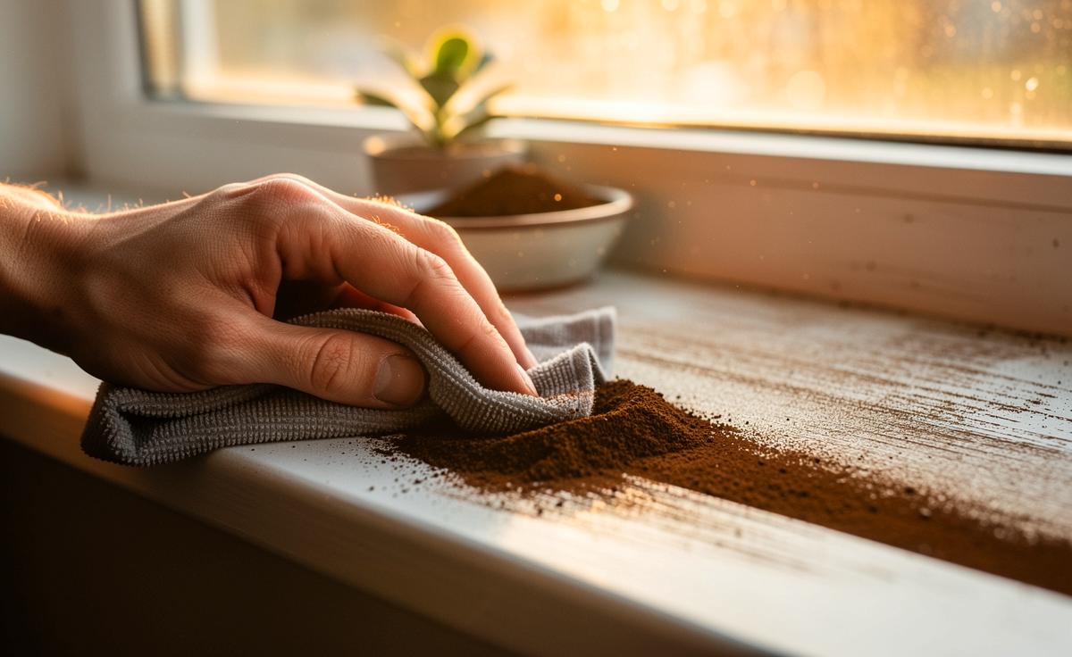 Illustration von Kaffeesatz, der unbemerkt eine verschmutzte Fensterbank reinigt