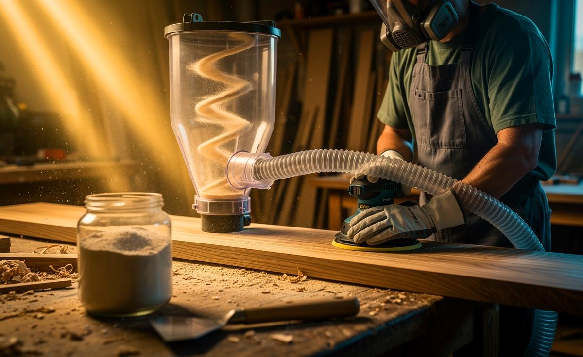 Illustration von einem Schreiner beim dünnen Schleifen, der mit Exzenterschleifer und Absaugung feines Holzmehl gewinnt, das Sägemehl effizienter und preiswerter ersetzt